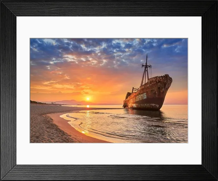 Framed Print : Shipwreck at sunrise, Glyfada Beach near Gytheio, Peloponnese, Greece Framed Print : Shipwreck at sunrise, Glyfada Beach near Gytheio, Peloponnese, Greece