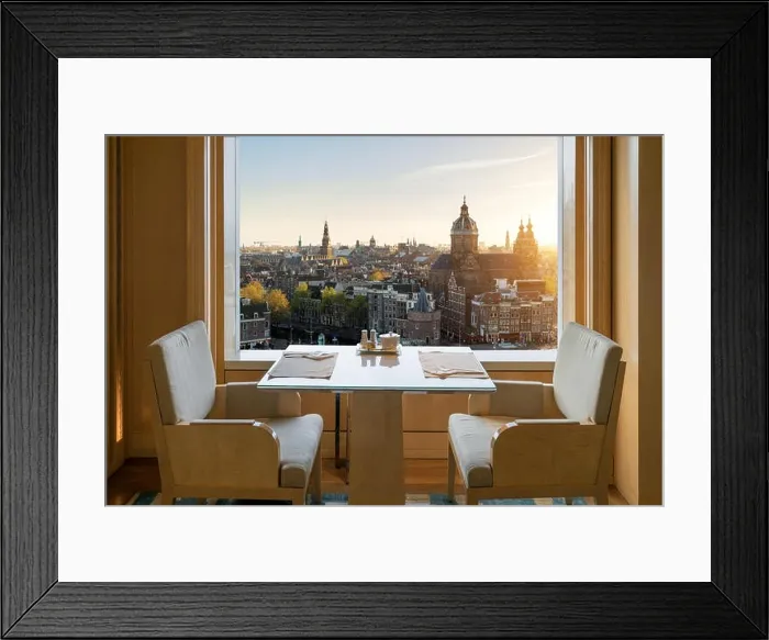 Framed Print : Modern luxury restaurant interior with romantic sence Amsterdam old town view in Amsterdam, Netherlands Framed Print : Modern luxury restaurant interior with romantic sence Amsterdam old town view in Amsterdam, Netherlands