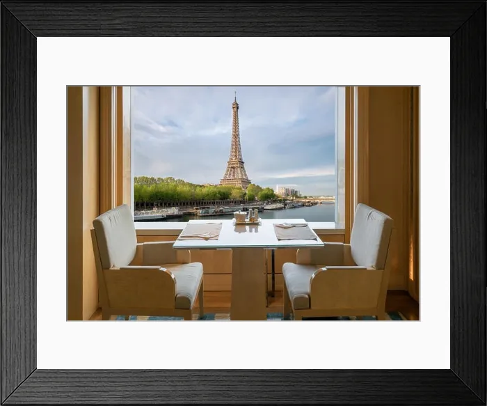 Framed Print : Modern luxury restaurant interior with romantic sence Eiffel Tower and Seine river view in Paris, France. Dinning table in restaurant at Paris, France Framed Print : Modern luxury restaurant interior with romantic sence Eiffel Tower and Seine river view in Paris, France. Dinning table in restaurant at Paris, France