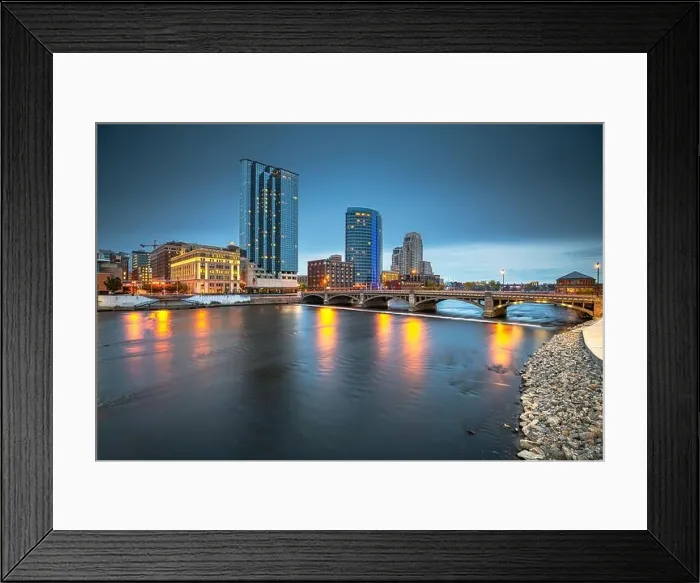 Framed Print : Grand Rapids, Michigan, USA downtown skyline on the Grand River at dusk Framed Print : Grand Rapids, Michigan, USA downtown skyline on the Grand River at dusk