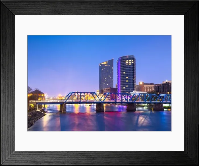 Framed Print : Grand Rapids, Michigan, USA downtown skyline on the Grand River at dusk Framed Print : Grand Rapids, Michigan, USA downtown skyline on the Grand River at dusk