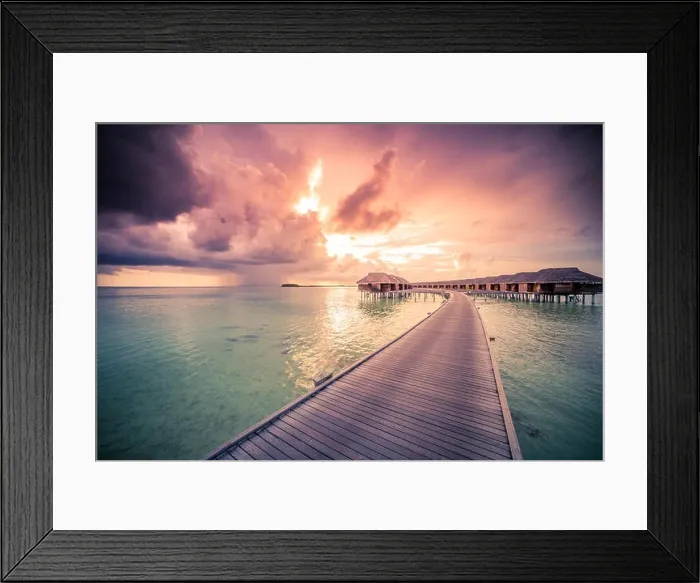 Framed Print : landscape of Maldives beach. Tropical panorama, luxury water villa resort with wooden pier or jetty. Luxury summer travel destination vacation
