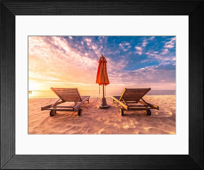 Framed Print : Romantic beach scene, two sun chairs and sunny beach mood. Exotic travel destination and vacation concept Framed Print : Romantic beach scene, two sun chairs and sunny beach mood. Exotic travel destination and vacation concept