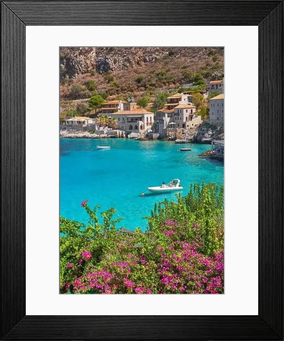 Framed Print : Traditional fishing village Limeni, blooming flowers decoration, Mani, Peloponnese, Greece Framed Print : Traditional fishing village Limeni, blooming flowers decoration, Mani, Peloponnese, Greece