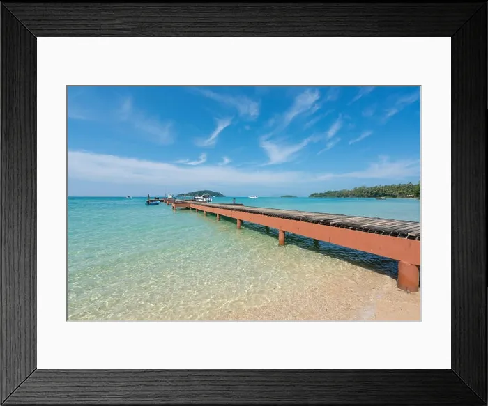Framed Print : Wooden pier with boat in Phuket, Thailand. Summer, Travel, Vacation and Holiday concept Framed Print : Wooden pier with boat in Phuket, Thailand. Summer, Travel, Vacation and Holiday concept