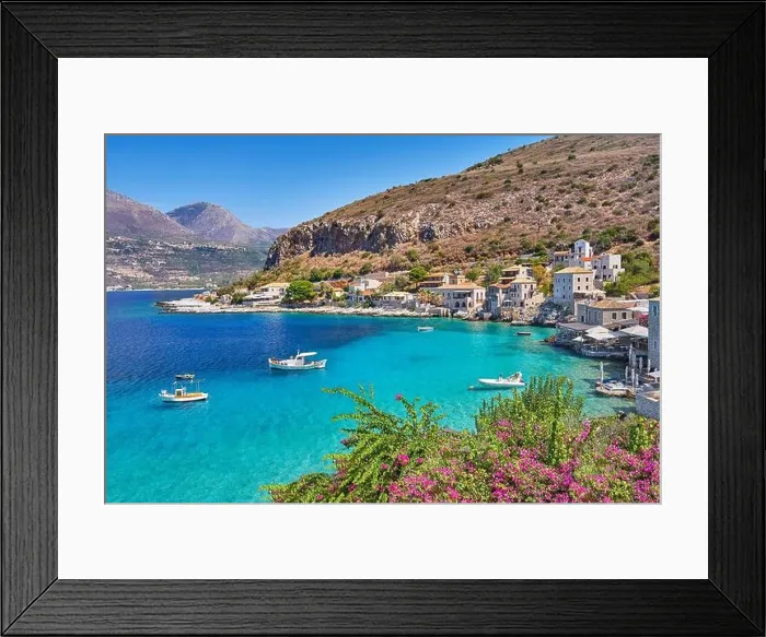 Framed Print : Traditional fishing village Limeni, blooming flowers decoration, Mani, Peloponnese, Greece Framed Print : Traditional fishing village Limeni, blooming flowers decoration, Mani, Peloponnese, Greece