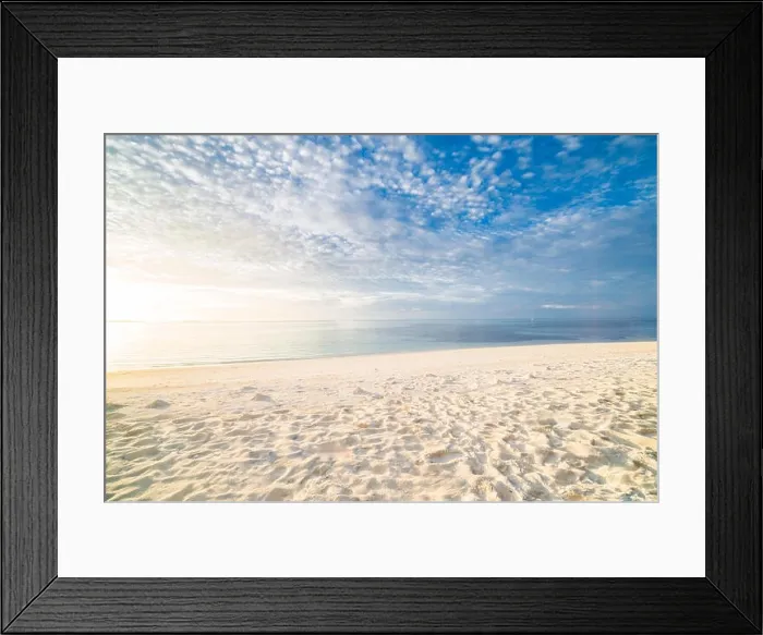 Framed Print : Empty tropical beach background. Horizon with sky and white sand. Idyllic beach landscape Framed Print : Empty tropical beach background. Horizon with sky and white sand. Idyllic beach landscape