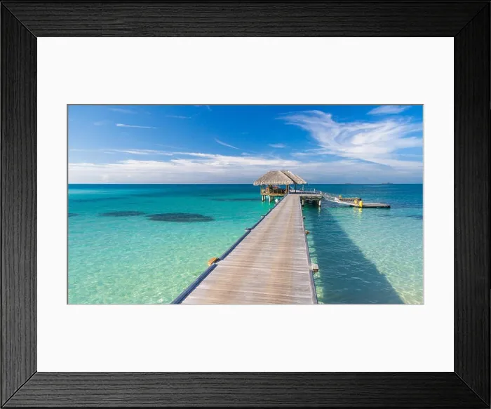 Framed Print : Wooden jetty over the beautiful Maldivian sea with blue sky. tranquil travel landscape, seascape. Maldives islands Framed Print : Wooden jetty over the beautiful Maldivian sea with blue sky. tranquil travel landscape, seascape. Maldives islands