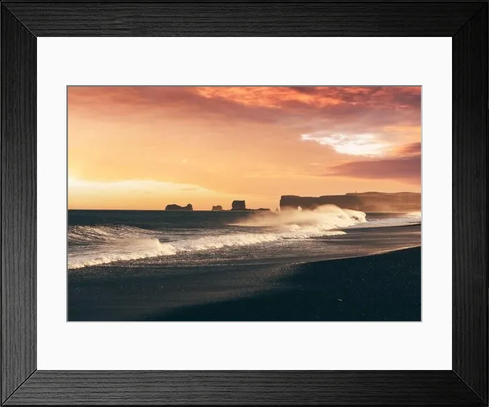 Framed Print : Incredible sunset view on stormy Atlantic ocean on Black Beach, Vik, Iceland. Big waves, orange sky and dark rocks. Landscape photography Framed Print : Incredible sunset view on stormy Atlantic ocean on Black Beach, Vik, Iceland. Big waves, orange sky and dark rocks. Landscape photography