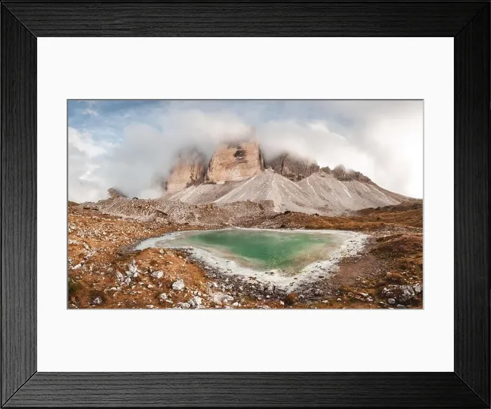 Framed Print : Clear turquoise water of alpine lake Rienzquelle in the Tre Cime Di Laveredo National Park, Dolomites, Italy