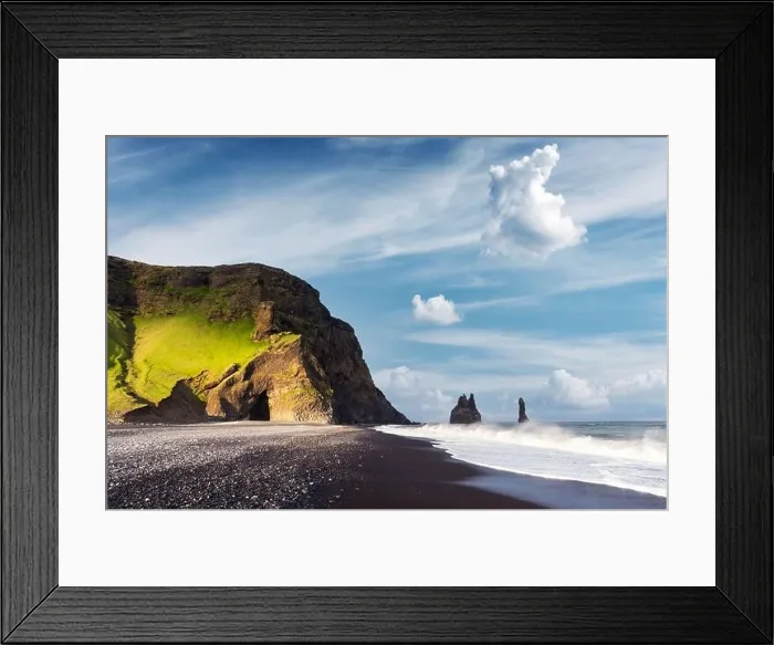 Framed Print : Incredible view on Black beach and Troll toes cliffs in cloudy weather. Reynisdrangar, Vik, Iceland. Landswcape photographyt