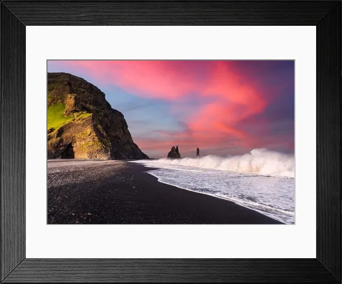 Framed Print : Incredible view on Black beach and Troll toes cliffs in sunset time. Great purple sky glowing on background. Reynisdrangar, Vik, Iceland Framed Print : Incredible view on Black beach and Troll toes cliffs in sunset time. Great purple sky glowing on background. Reynisdrangar, Vik, Iceland