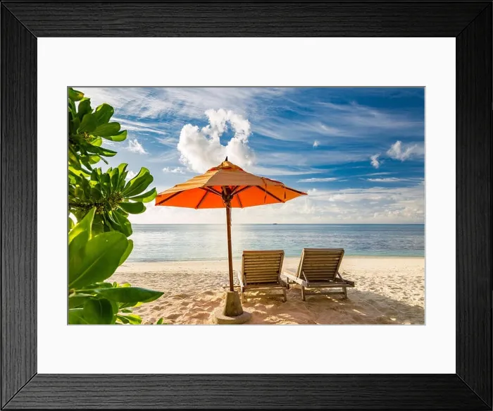 Framed Print : Romantic beach scene, two sun chairs and sunny beach mood. Exotic travel destination and vacation concept Framed Print : Romantic beach scene, two sun chairs and sunny beach mood. Exotic travel destination and vacation concept