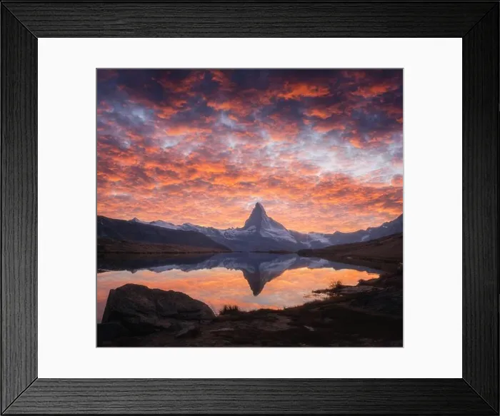 Framed Print : Splendid landscape with colorful sunrise on Stellisee lake. Snowy Matterhorn Cervino peak with reflection in clear water. Zermatt, Swiss Alps Framed Print : Splendid landscape with colorful sunrise on Stellisee lake. Snowy Matterhorn Cervino peak with reflection in clear water. Zermatt, Swiss Alps