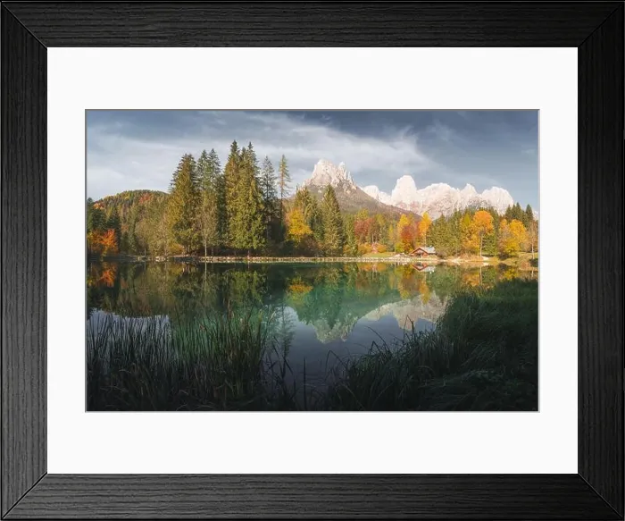 Framed Print : Picturesque view at autumn Welsperg lake in Dolomite Alps. Canali Valley, Primiero San Martino di Castrozza, Province of Trento, Italy Framed Print : Picturesque view at autumn Welsperg lake in Dolomite Alps. Canali Valley, Primiero San Martino di Castrozza, Province of Trento, Italy