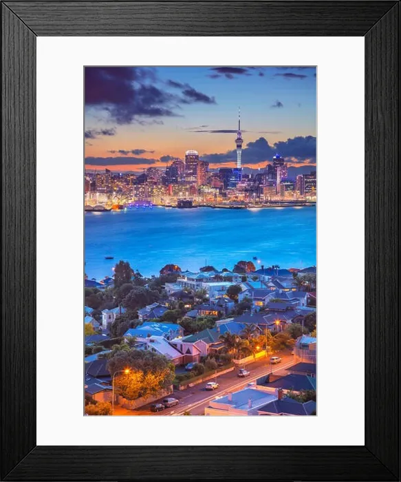 Framed Print : Auckland. Cityscape image of Auckland skyline, New Zealand during sunset with the Davenport in the foreground Framed Print : Auckland. Cityscape image of Auckland skyline, New Zealand during sunset with the Davenport in the foreground