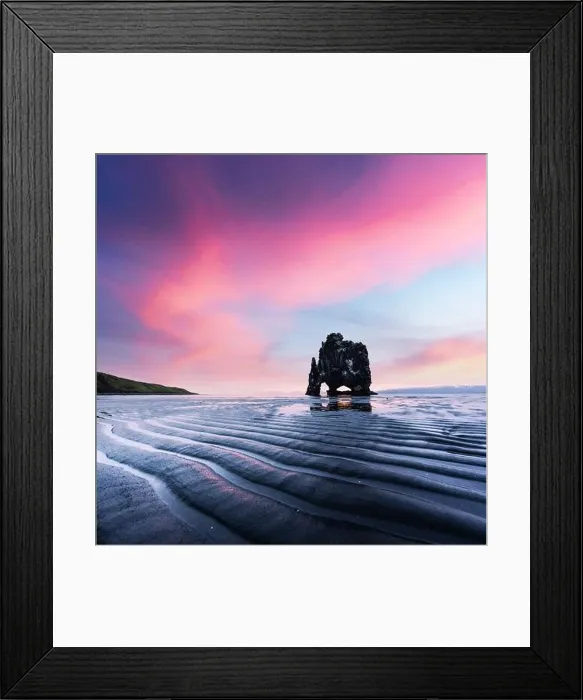 Framed Print : Basalt stack Hvitserkur on the Vatnsnes peninsula, Iceland, Europe in low tide time. Great purple sky glowing on background. Landscape photography