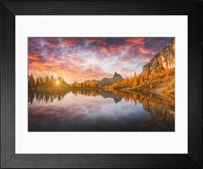 Framed Print : Incredible purple sunrise on Federa Lake in the Dolomite Apls. Autumn mountains landscape with Lago di Federa and bright orange larches Framed Print : Incredible purple sunrise on Federa Lake in the Dolomite Apls. Autumn mountains landscape with Lago di Federa and bright orange larches