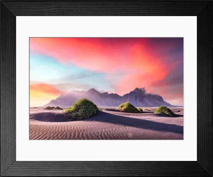 Framed Print : Gorgeous landscape with black sand desert dunes and grassy bumps near famous Stokksnes mountains on Vestrahorn cape, Iceland Framed Print : Gorgeous landscape with black sand desert dunes and grassy bumps near famous Stokksnes mountains on Vestrahorn cape, Iceland