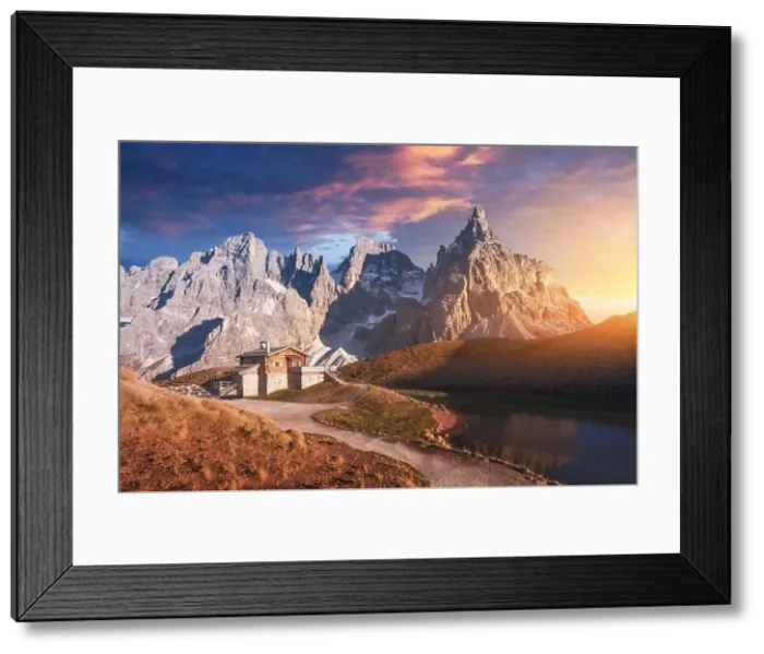 Framed Print : Incredible landscape with a reflection of purple sky and mountains in a water of small lake in a popular tourist destination - Baita Segantini Framed Print : Incredible landscape with a reflection of purple sky and mountains in a water of small lake in a popular tourist destination - Baita Segantini