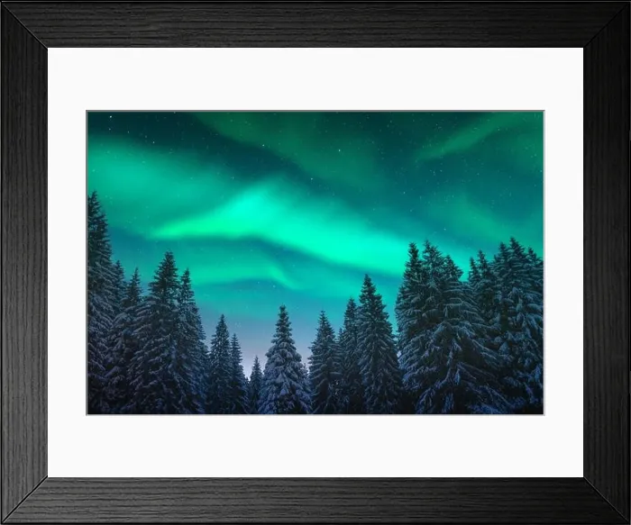 Framed Print : Aurora borealis. Northern lights in winter forest. Sky with polar lights and stars. Night winter landscape with aurora and pine tree forest Framed Print : Aurora borealis. Northern lights in winter forest. Sky with polar lights and stars. Night winter landscape with aurora and pine tree forest