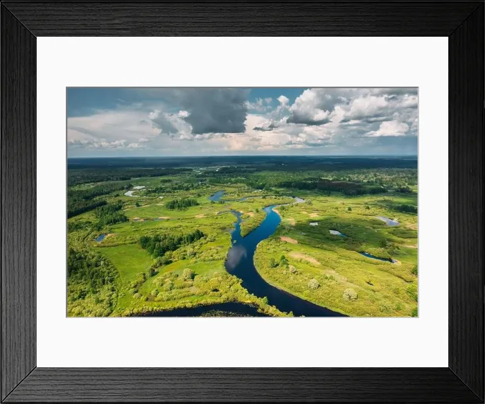 Framed Print : Aerial View Of Green Forest, Meadow And River Landscape In Summer Day. Top View Of European Nature From High Attitude In Summer Day. Bird's Eye View Framed Print : Aerial View Of Green Forest, Meadow And River Landscape In Summer Day. Top View Of European Nature From High Attitude In Summer Day. Bird's Eye View