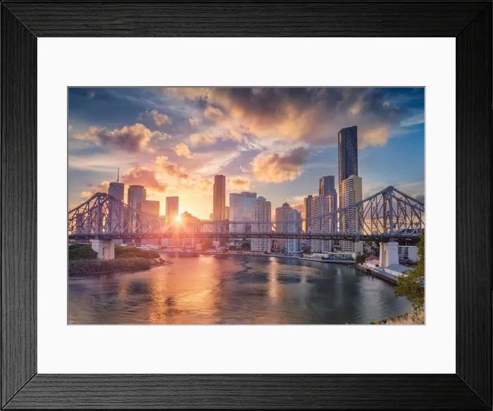 Framed Print : Brisbane. Cityscape image of Brisbane skyline, Australia with Story Bridge during dramatic sunset Framed Print : Brisbane. Cityscape image of Brisbane skyline, Australia with Story Bridge during dramatic sunset