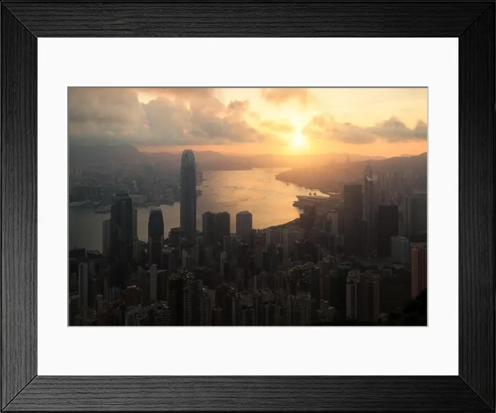 Framed Print : Sunrise over Hong Kong Victoria Harbor from Victoria Peak with Hong Kong and Kowloon below Framed Print : Sunrise over Hong Kong Victoria Harbor from Victoria Peak with Hong Kong and Kowloon below