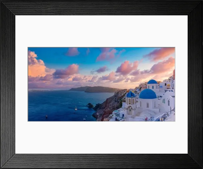 Framed Print : Fantastic sunset landscape of famous travel and vacation destination. Luxury summer adventure concept. Wonderful view of Oia village, Santorini Greece Framed Print : Fantastic sunset landscape of famous travel and vacation destination. Luxury summer adventure concept. Wonderful view of Oia village, Santorini Greece