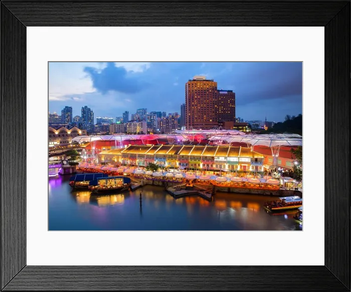 Framed Print : Colorful light building at night in Clarke Quay, Singapore. Clarke Quay, is a historical riverside quay in Singapore Framed Print : Colorful light building at night in Clarke Quay, Singapore. Clarke Quay, is a historical riverside quay in Singapore