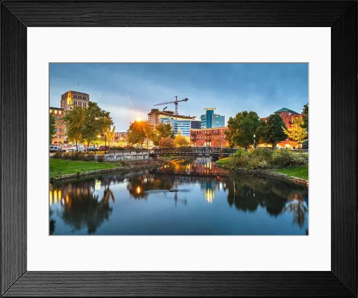 Framed Print : Kalamazoo, Michigan, USA downtown cityscape and park at dusk Framed Print : Kalamazoo, Michigan, USA downtown cityscape and park at dusk