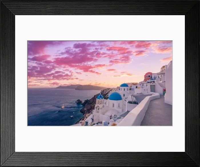 Framed Print : Fantastic sunset landscape of famous travel and vacation destination. Luxury summer adventure concept. Wonderful view of Oia village, Santorini Greece Framed Print : Fantastic sunset landscape of famous travel and vacation destination. Luxury summer adventure concept. Wonderful view of Oia village, Santorini Greece