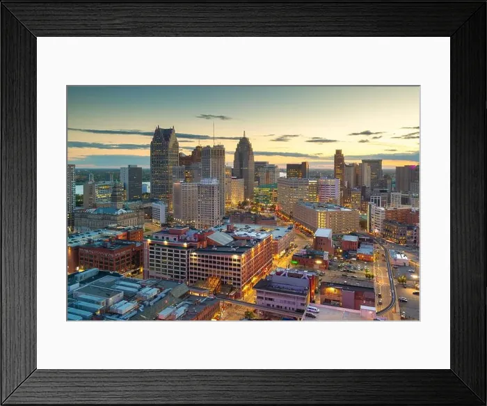 Framed Print : Detroit, Michigan, USA downtown skyline from above at dusk Framed Print : Detroit, Michigan, USA downtown skyline from above at dusk