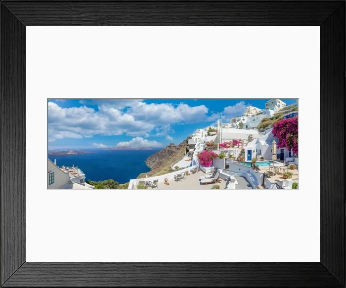 Framed Print : Amazing panoramic landscape, luxury travel vacation. Oia town on Santorini island, Greece. Traditional and famous white architecture and pink flowers Framed Print : Amazing panoramic landscape, luxury travel vacation. Oia town on Santorini island, Greece. Traditional and famous white architecture and pink flowers
