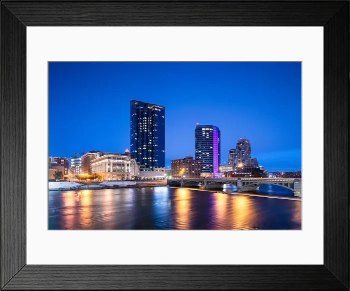 Framed Print : Grand Rapids, Michigan, USA downtown skyline on the Grand River at dusk Framed Print : Grand Rapids, Michigan, USA downtown skyline on the Grand River at dusk