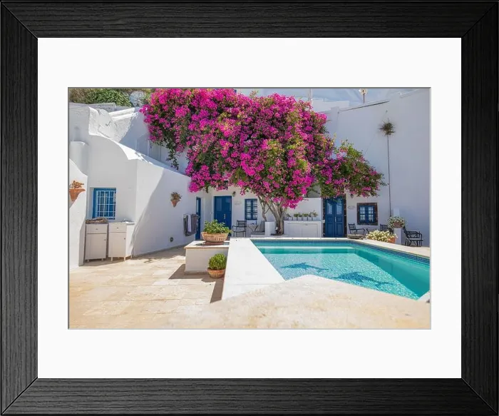 Framed Print : Santorini, Greece landscape, pool caldera view with flowers blue doors. Romantic couple destination with sunny sky, wonderful summer hotel traveling