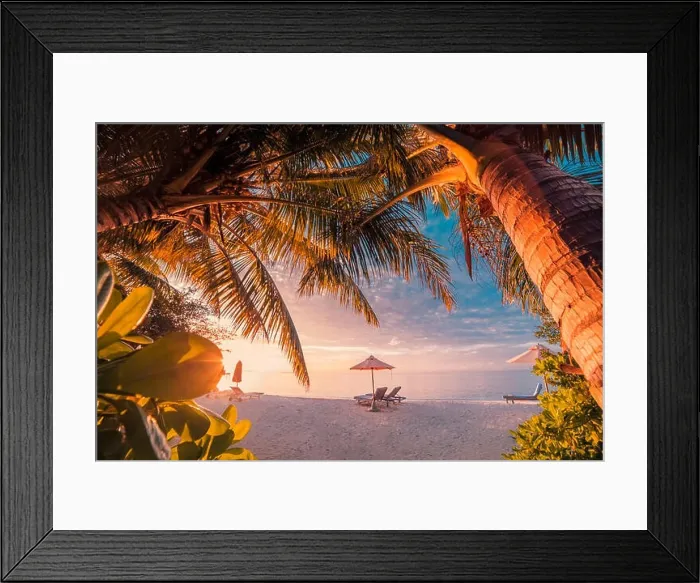 Framed Print : Idyllic sunset, tropical beach landscape for background or wallpaper. Design of tourism for summer vacation holiday destination concept