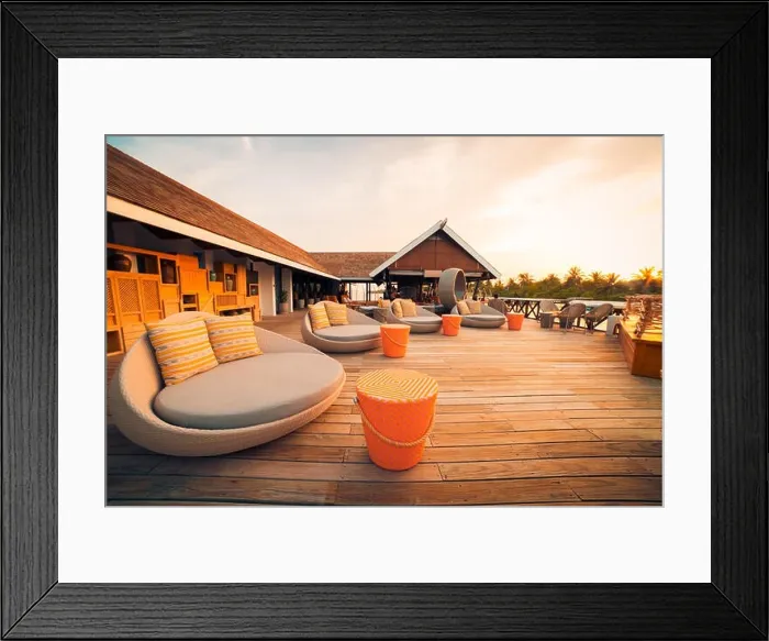 Framed Print : Luxury lounge in Maldives. Beach sofa and chairs Framed Print : Luxury lounge in Maldives. Beach sofa and chairs