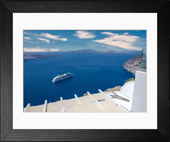 Framed Print : Destination sightseen with cruise ships on Santorini island, Aegean sea bay, Cyclades, Greece. Summer travel vacation, people on cruise ships Framed Print : Destination sightseen with cruise ships on Santorini island, Aegean sea bay, Cyclades, Greece. Summer travel vacation, people on cruise ships