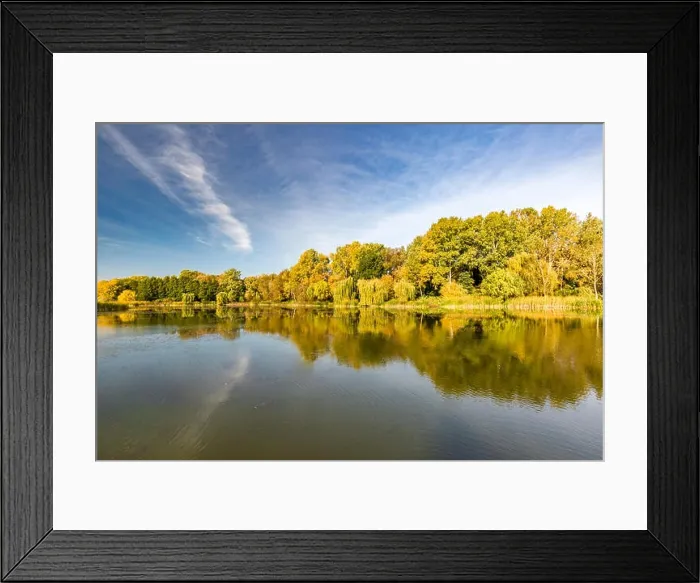 Framed Print : Mirror lagoon rounded by mountains, beautiful autumn lake reflection, colorful tree leaves Framed Print : Mirror lagoon rounded by mountains, beautiful autumn lake reflection, colorful tree leaves