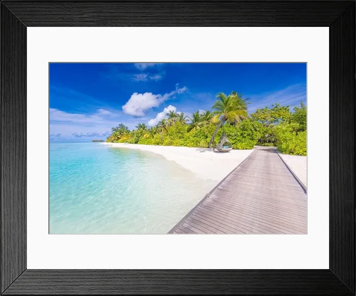 Framed Print : Beautiful tropical landscape background, luxury summer travel and vacation. Wooden pier into island against blue sky with white clouds, panoramic view Framed Print : Beautiful tropical landscape background, luxury summer travel and vacation. Wooden pier into island against blue sky with white clouds, panoramic view