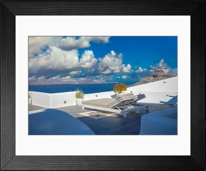 Framed Print : Santorini island, Oia caldera scene, two sun beds, loungers, amazing sunny sea view horizon recreational calm relax scenic. Inspirational beach resort Framed Print : Santorini island, Oia caldera scene, two sun beds, loungers, amazing sunny sea view horizon recreational calm relax scenic. Inspirational beach resort