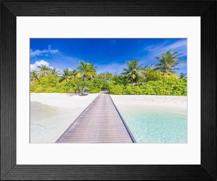 Framed Print : Beautiful tropical landscape background, luxury summer travel and vacation. Wooden pier into island against blue sky with white clouds, panoramic view