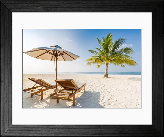 Framed Print : Romantic beach scene, two beach chairs and umbrella Framed Print : Romantic beach scene, two beach chairs and umbrella