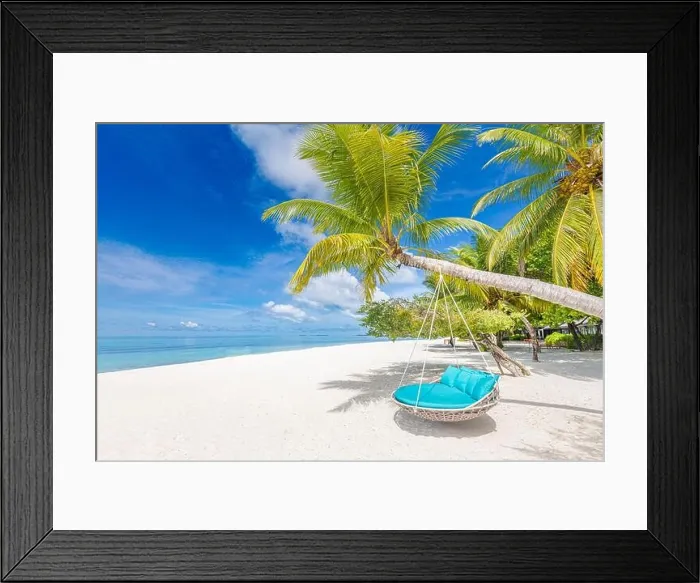 Framed Print : Tropical beach background as summer landscape with beach swing or hammock and white sand and calm sea for beach banner. Perfect beach scene vacation Framed Print : Tropical beach background as summer landscape with beach swing or hammock and white sand and calm sea for beach banner. Perfect beach scene vacation