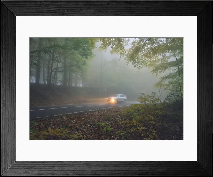 Framed Print : Car drivinig on a country asphalt road passing through the forest. Rural landscape in foggy day. Car headlights at night. Long exposure. Toned Framed Print : Car drivinig on a country asphalt road passing through the forest. Rural landscape in foggy day. Car headlights at night. Long exposure. Toned