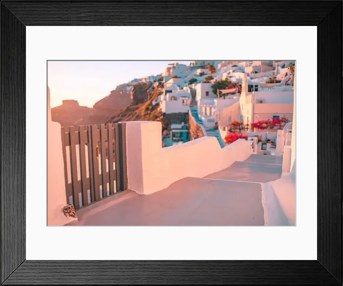 Framed Print : Santorini island sunset view. Architectural details, famous travel destination abstract closeup view of streets in warm sunset light. Wooden gate door Framed Print : Santorini island sunset view. Architectural details, famous travel destination abstract closeup view of streets in warm sunset light. Wooden gate door
