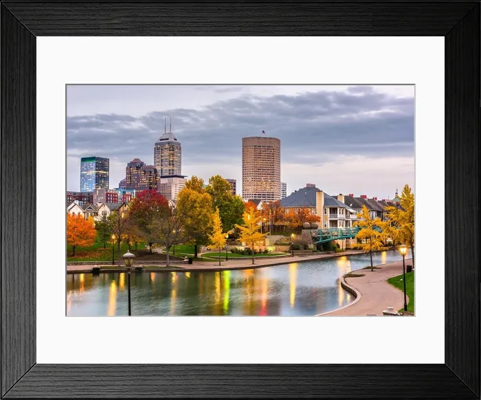 Framed Print : Indianapolis, Indiana, USA downtown cityscape on the White River at dusk Framed Print : Indianapolis, Indiana, USA downtown cityscape on the White River at dusk