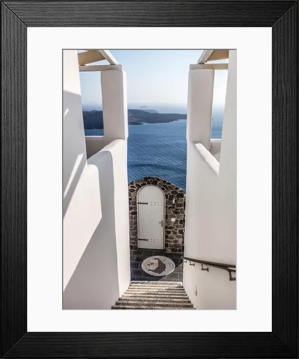 Framed Print : White stairs of the traditional white Greek architecture apartment with a great view on sea, Santorini island, Greece. Summer travel background Framed Print : White stairs of the traditional white Greek architecture apartment with a great view on sea, Santorini island, Greece. Summer travel background