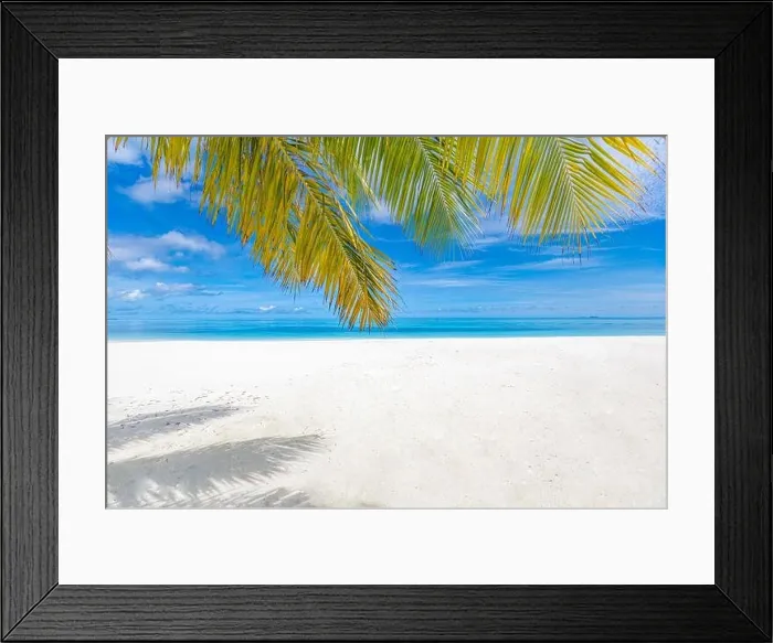 Framed Print : Palm and tropical beach, peaceful tranquil nature landscape. Seascape, white sand close to sea under blue sky. Amazing summer landscape Framed Print : Palm and tropical beach, peaceful tranquil nature landscape. Seascape, white sand close to sea under blue sky. Amazing summer landscape
